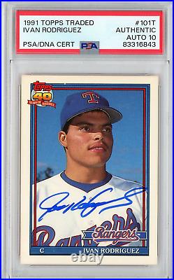 Graded 1991 Topps Traded Ivan Pudge Rodriguez #101T Rookie RC Card PSA 10 Auto